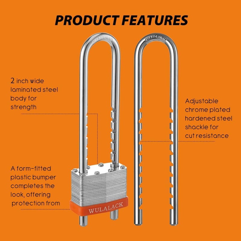 WULALACK Padlock with Key, 2 inch Wide Laminated Steel Keyed Padlock with Adjustable Shackle, Long Shackle Pad Lock with 2 Keys - Image 3